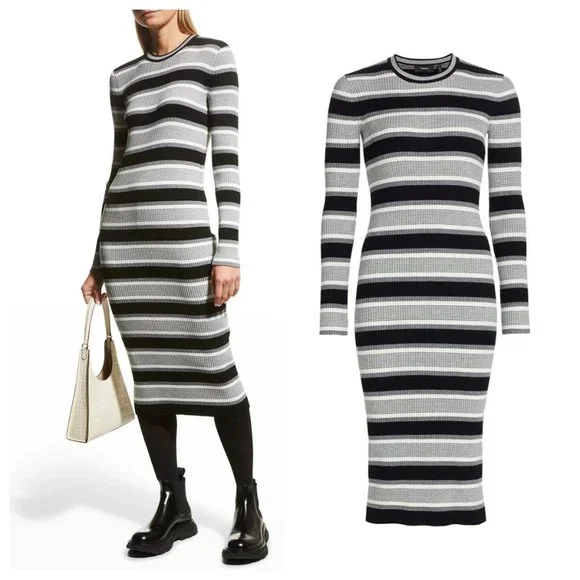 Theory Ribbed Striped Knit Merino Midi Dress